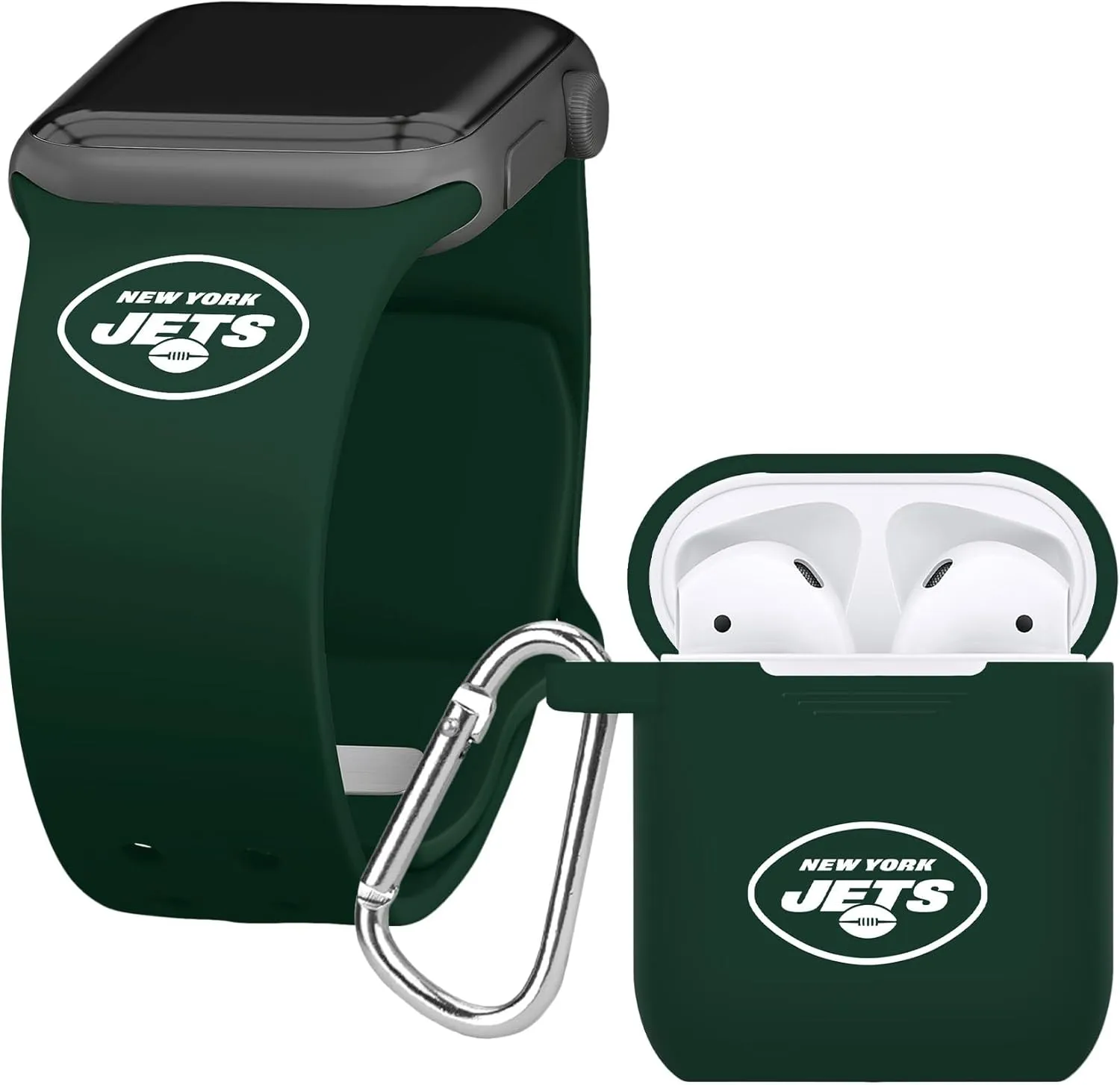 Game Time New York Jets Silicone Watch Band and Case Cover Combo Package Compatible with Apple Watch and AirPods Battery Case (42/44/45mm Green/Green)