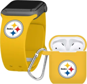 Game Time Pittsburgh Steelers Silicone Watch Band and Case Cover Combo Package Compatible with Apple Watch and AirPods Battery Case (42/44/45mm Yellow/Yellow)