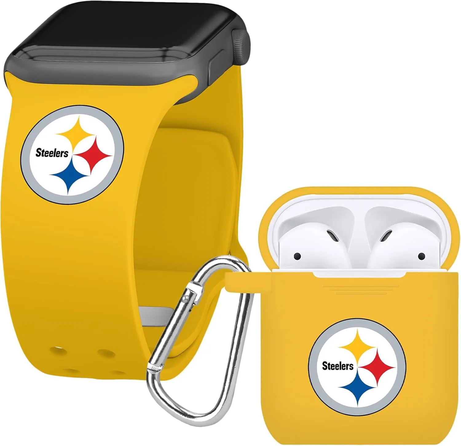 Game Time Pittsburgh Steelers Silicone Watch Band and Case Cover Combo Package Compatible with Apple Watch and AirPods Battery Case (42/44/45mm Yellow/Yellow)
