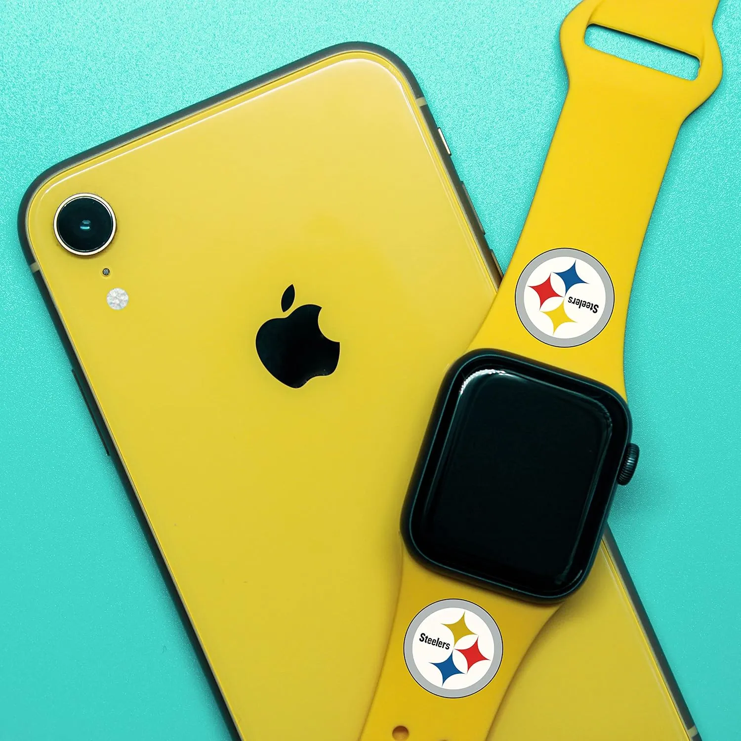 Game Time Pittsburgh Steelers Silicone Watch Band and Case Cover Combo Package Compatible with Apple Watch and AirPods Battery Case (42/44/45mm Yellow/Yellow)