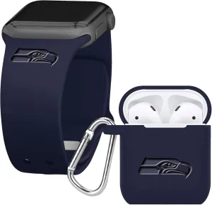 Game Time Seattle Seahawks Engraved Silicone Combo Package Compatible with Apple Watch and AirPods Battery Case (42/44mm Navy/Navy)