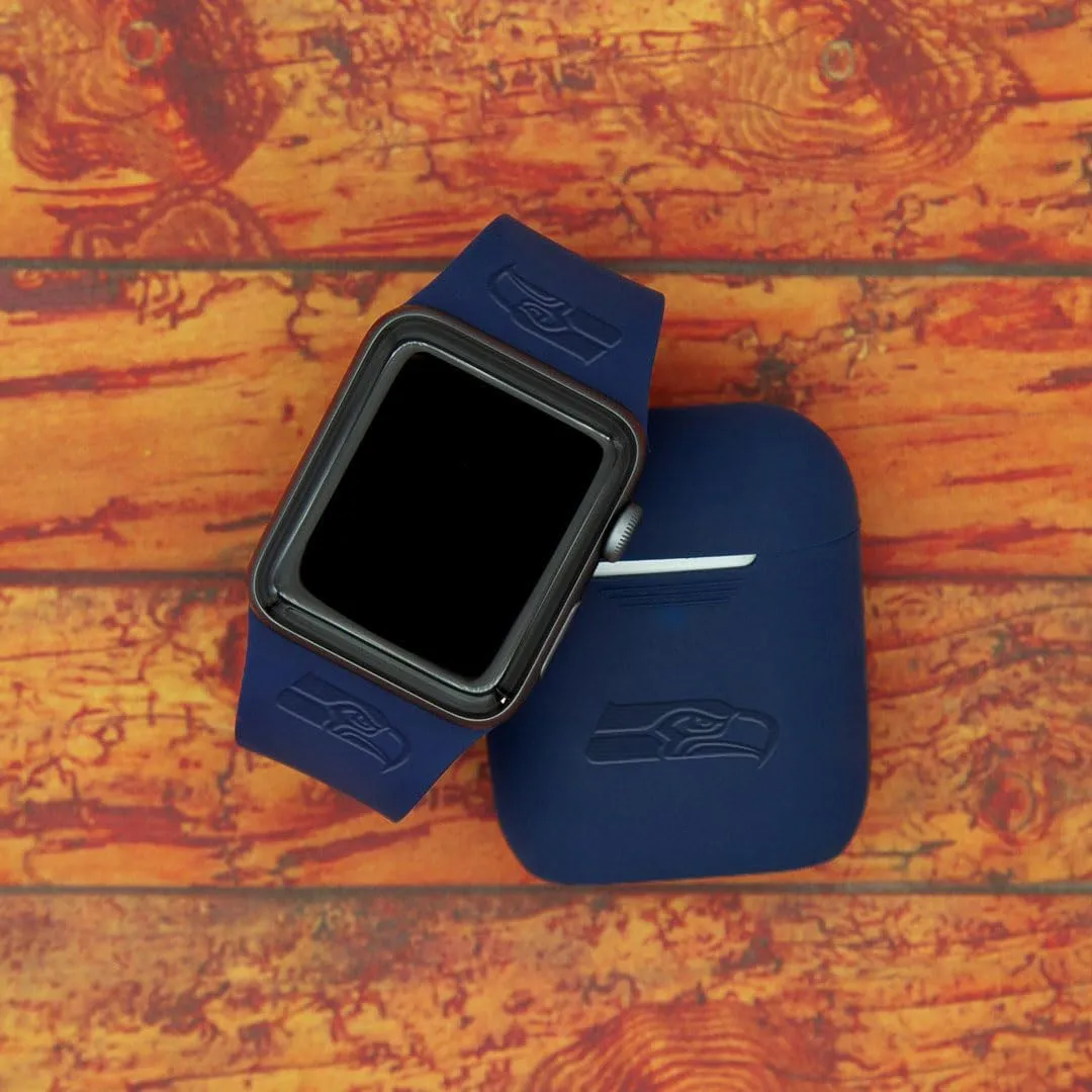 Game Time Seattle Seahawks Engraved Silicone Combo Package Compatible with Apple Watch and AirPods Battery Case (42/44mm Navy/Navy)
