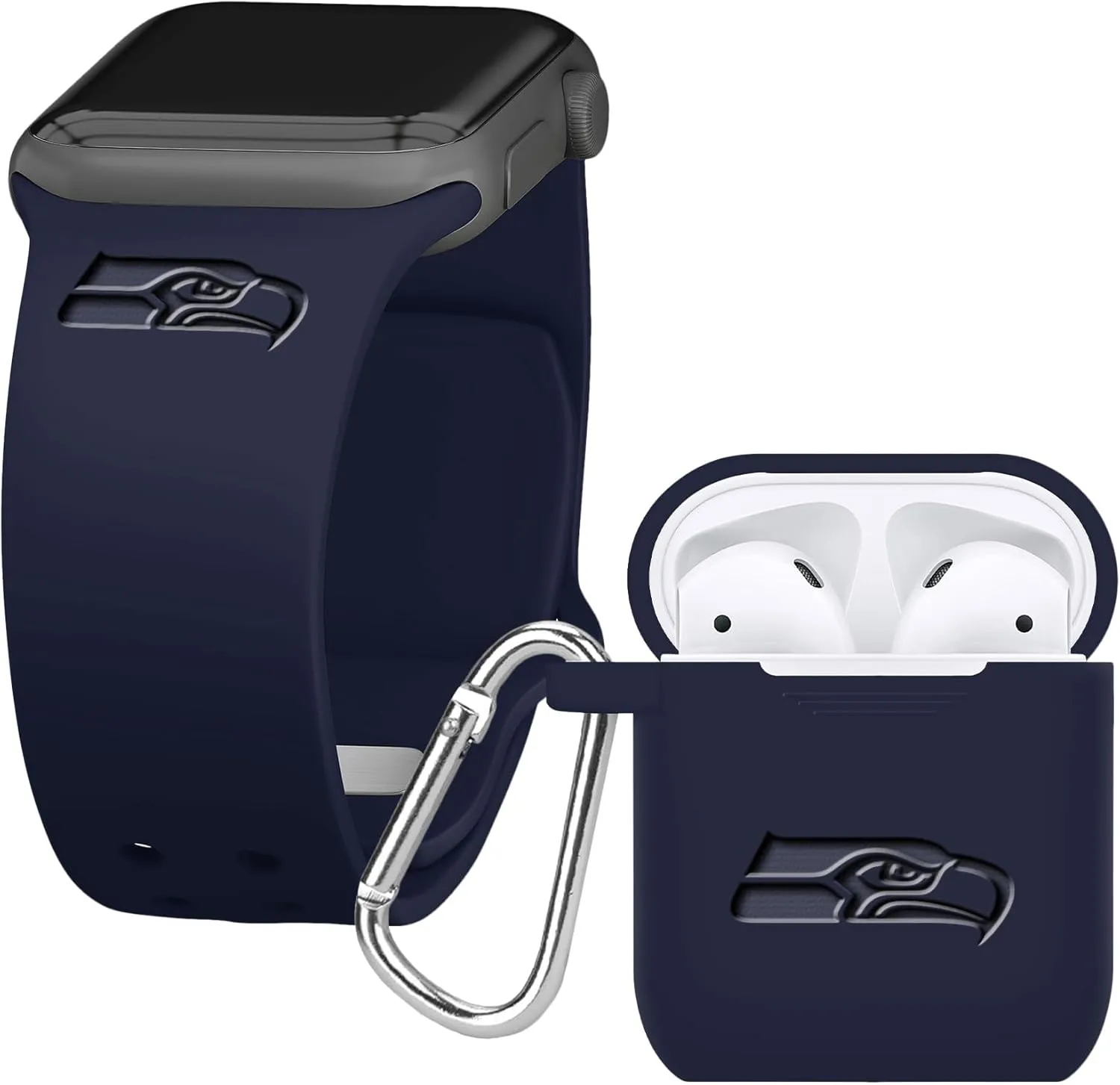 Game Time Seattle Seahawks Engraved Silicone Combo Package Compatible with Apple Watch and AirPods Battery Case (42/44mm Navy/Navy)