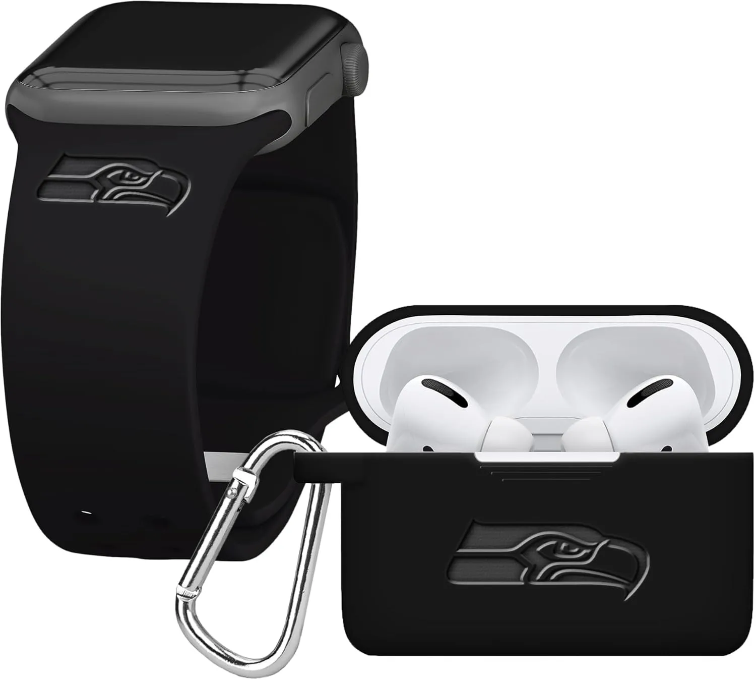 Game Time Seattle Seahawks Engraved Silicone Combo Package Compatible with Apple Watch and Airpods Pro Battery Case