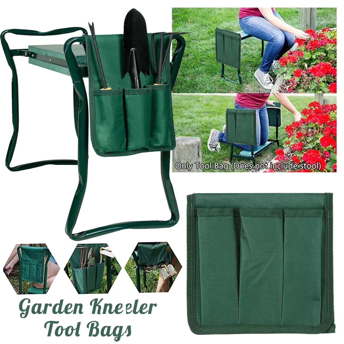 Garden Kneeler Tool Bag, Foldable Portable Gardening Tote Bag, Oxford Waterproof Multifunctio Garden Storage Pouch Organizer for Kneeling Chair and Garden Stool (Green Bag ONLY)