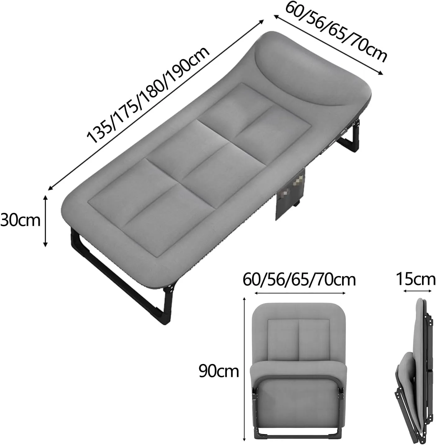 Generic Portable Rollaway Bed with Mattress Six Adjustable Backrests Folding Camping Cot for Adults with 6 Legs and High Resilience Foam Perfect for Camping(Gray B,135 * 60 * 30cm)