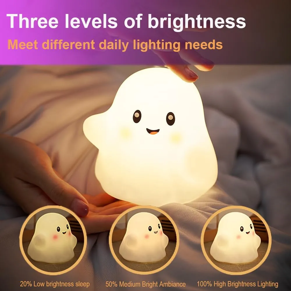 Ghost Night Light for Kids, Silicone Nursery Nightlight with 13 Interactive Sound Effects ,Halloween Decor Lamp Adjustable Dimmable Lamp with Touch Sensor Children's Christmas Gifts (white ghost 1)