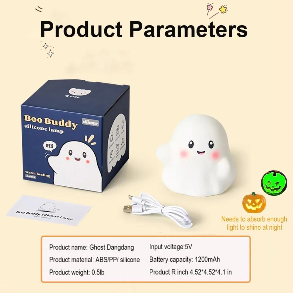 Ghost Night Light for Kids, Silicone Nursery Nightlight with 13 Interactive Sound Effects ,Halloween Decor Lamp Adjustable Dimmable Lamp with Touch Sensor Children's Christmas Gifts (white ghost 1)