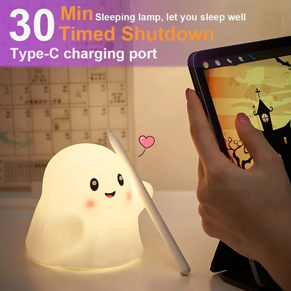 Ghost Night Light for Kids, Silicone Nursery Nightlight with 13 Interactive Sound Effects ,Halloween Decor Lamp Adjustable Dimmable Lamp with Touch Sensor Children's Christmas Gifts (white ghost 1)