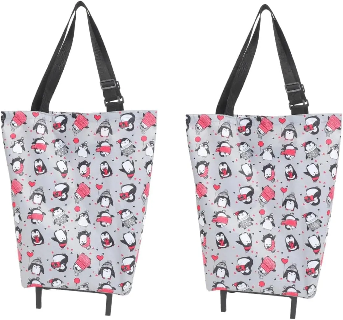 GLEAVI 2pcs Shopping Bag with Wheels Folding Shopping Cart Go Cart Wagons Carts Foldable Hand Bags Bag with Wheels and Pull Handle Rolling Tote Bag Bags with Wheels Wheeled Tote Plastic