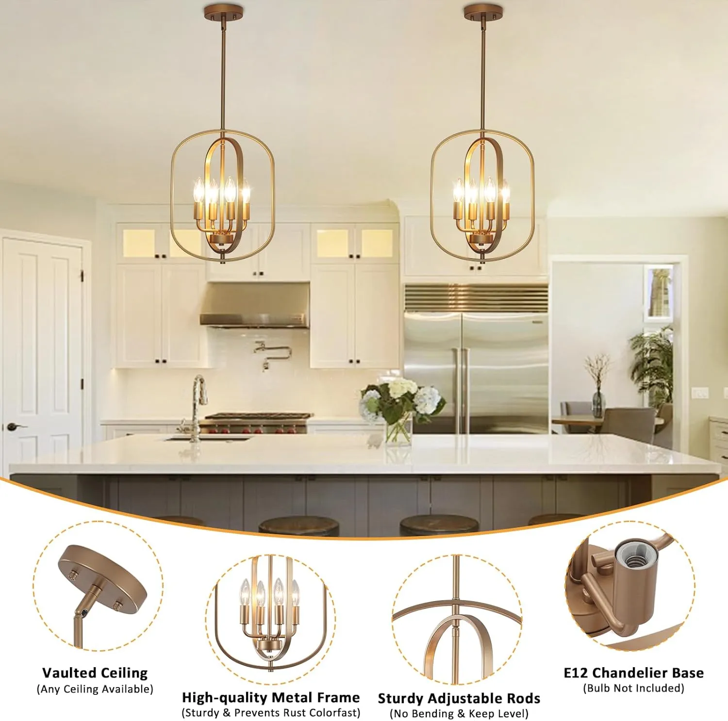 Gold Chandelier for Dining Room Light Fixture, 4 Light Entryway Light Fixture, Adjustable Modern Farmhouse Chandelier Foyer Lighting Fixtures Rustic Kitchen Chandelier for Entryway, Foyer, Living Room
