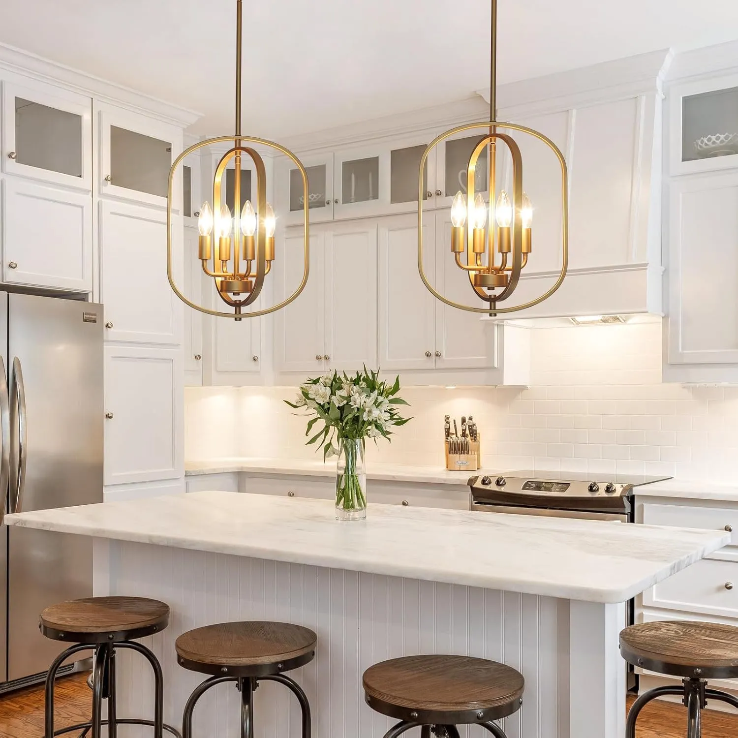 Gold Chandelier for Dining Room Light Fixture, 4 Light Entryway Light Fixture, Adjustable Modern Farmhouse Chandelier Foyer Lighting Fixtures Rustic Kitchen Chandelier for Entryway, Foyer, Living Room