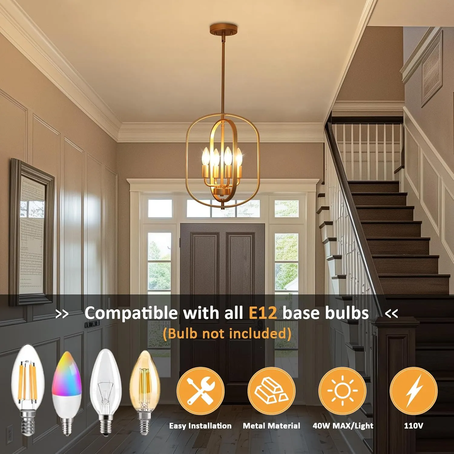 Gold Chandelier for Dining Room Light Fixture, 4 Light Entryway Light Fixture, Adjustable Modern Farmhouse Chandelier Foyer Lighting Fixtures Rustic Kitchen Chandelier for Entryway, Foyer, Living Room