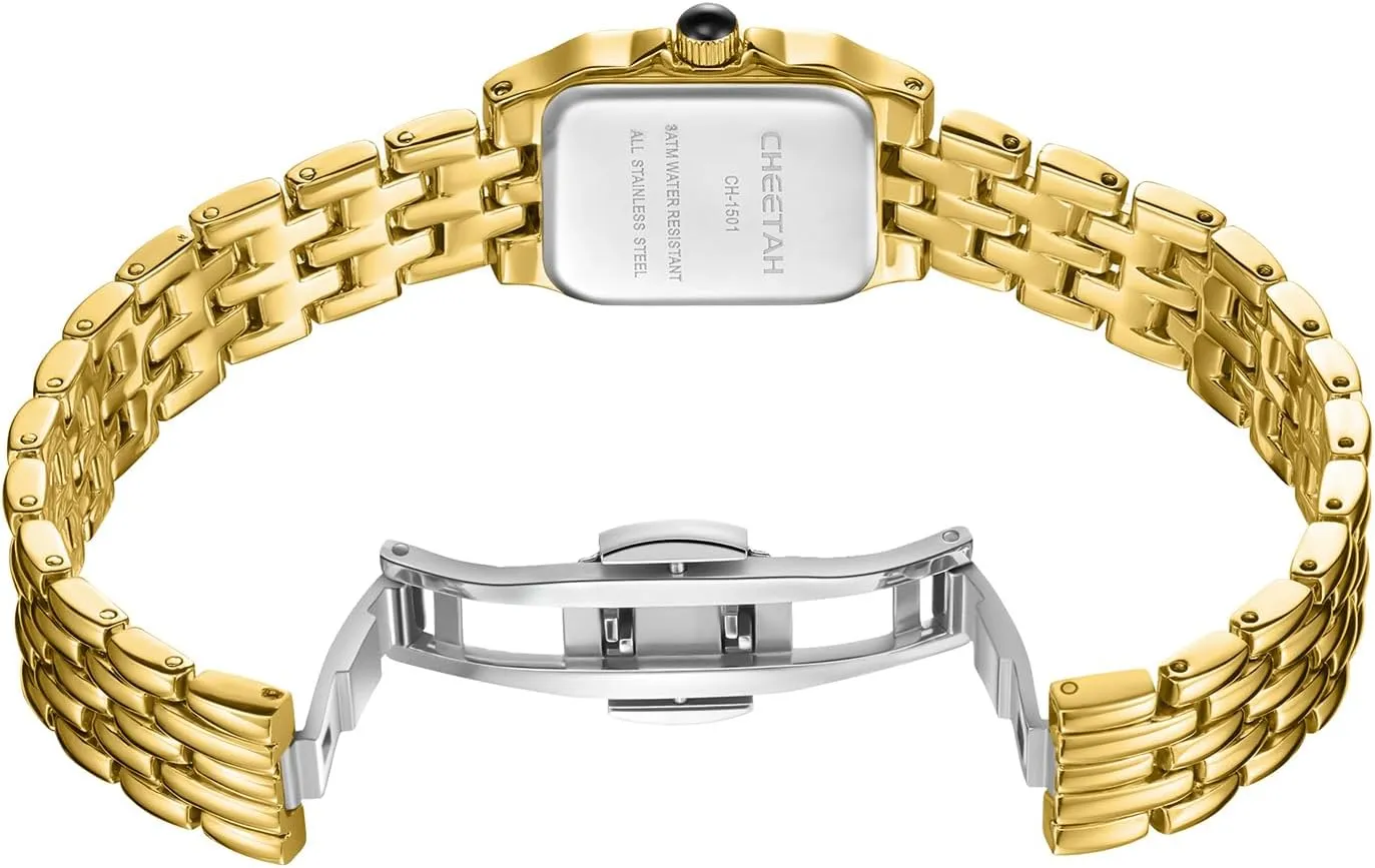 Gold Watches for Women with Small Vintage Bracelet, Rectangular Case Roman Dial