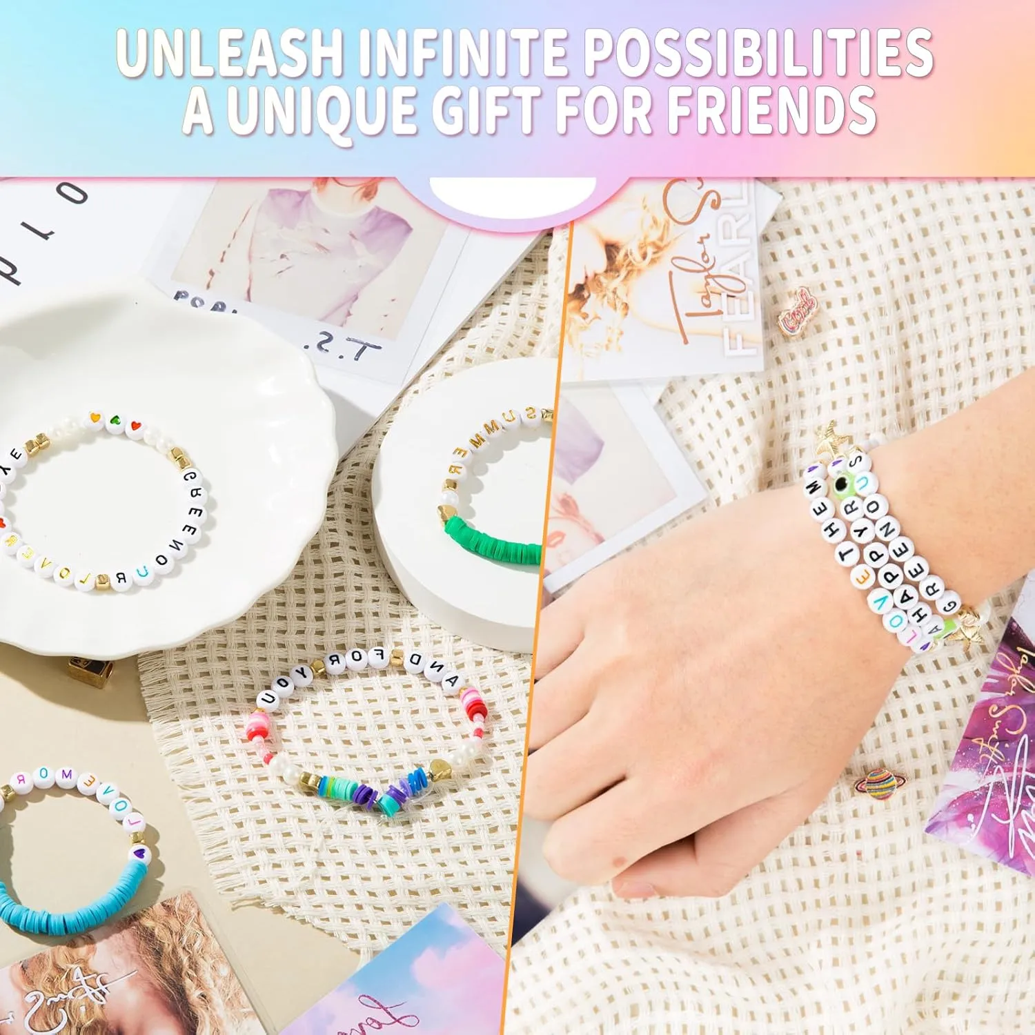 Goldwise Friendship Bracelet Kit 4 Boxes-13056 Pcs 72 Colors Bracelet Making Kits with Clay Beads, 7200 Pcs Glass Seed Beads and 3 Styles Letter Beads with Charms for Bracelet Making Gift
