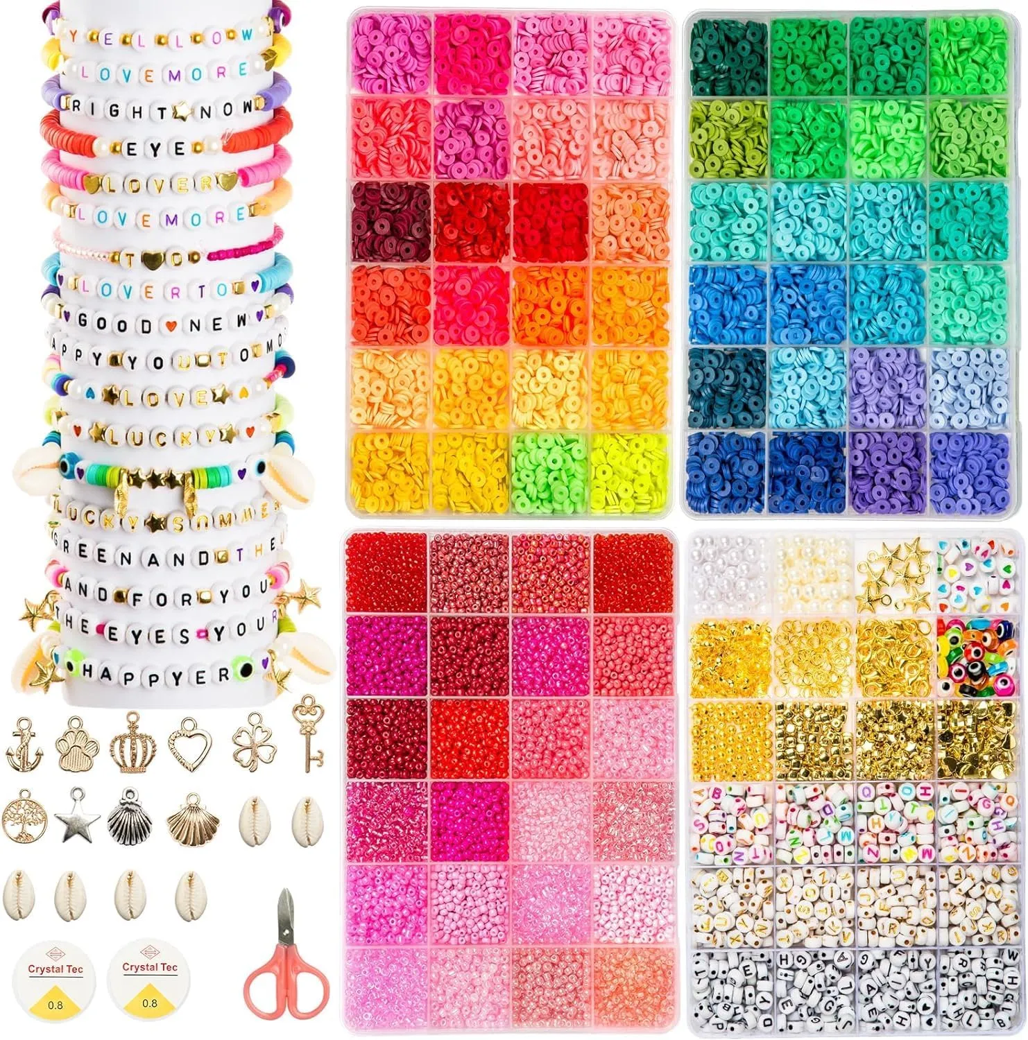 Goldwise Friendship Bracelet Kit 4 Boxes-13056 Pcs 72 Colors Bracelet Making Kits with Clay Beads, 7200 Pcs Glass Seed Beads and 3 Styles Letter Beads with Charms for Bracelet Making Gift