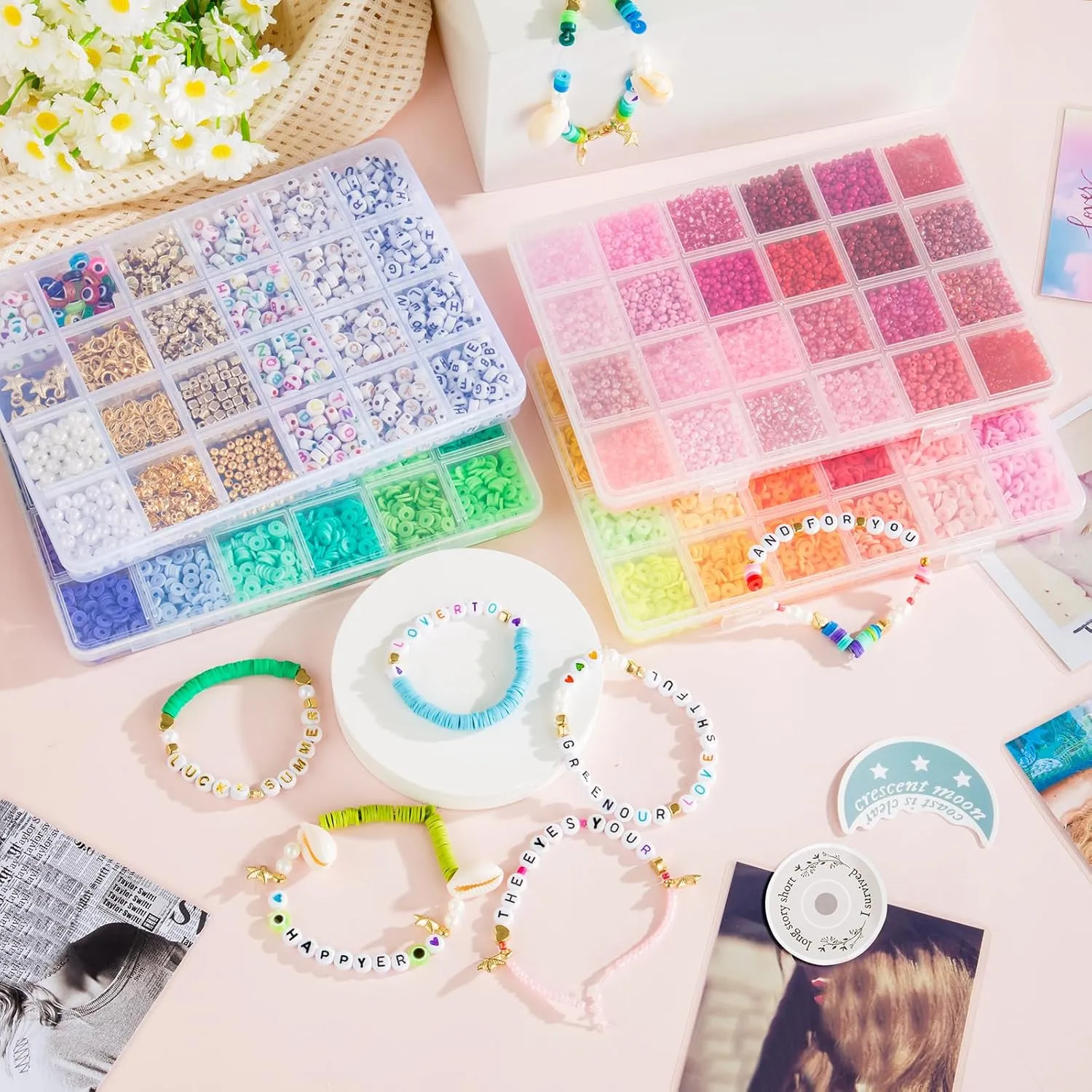 Goldwise Friendship Bracelet Kit 4 Boxes-13056 Pcs 72 Colors Bracelet Making Kits with Clay Beads, 7200 Pcs Glass Seed Beads and 3 Styles Letter Beads with Charms for Bracelet Making Gift