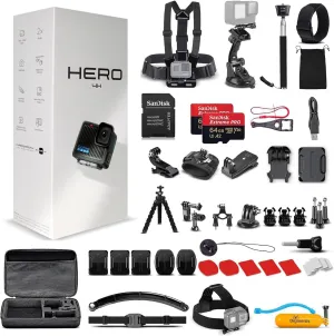 GoPro Hero (Go Pro Hero) Black Compact - Waterproof Action Camera with 4K Ultra HD Video, 12MP Photos   50-in-1 Accessory Kit   2 X 64GB Card   More