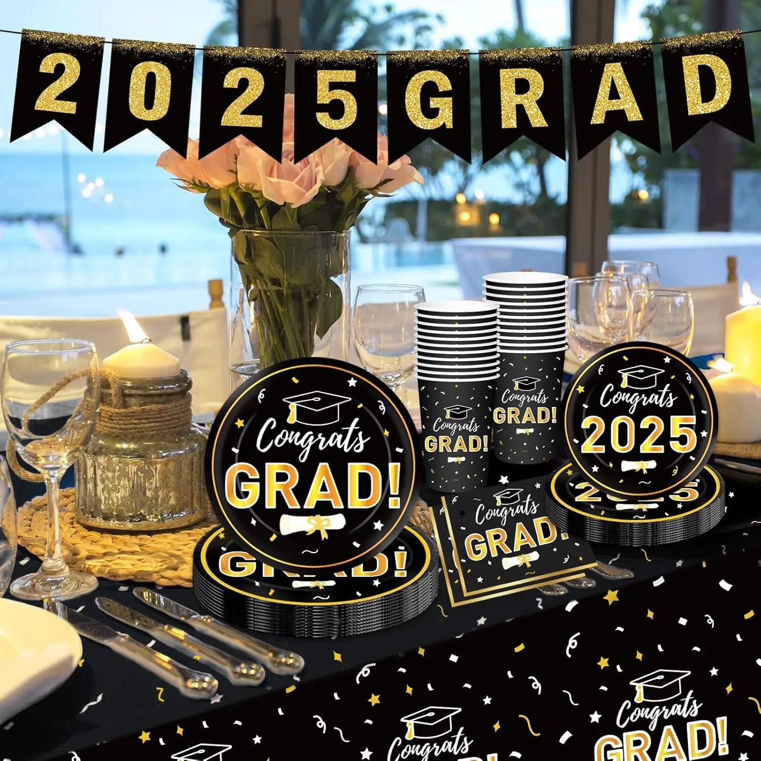 Graduation Decorations 2025 Disposable Black Graduation Tableware Kit for 25 Guests Plates Napkins Cups Tablecloth Hanging Graduation Party Decorations 2025