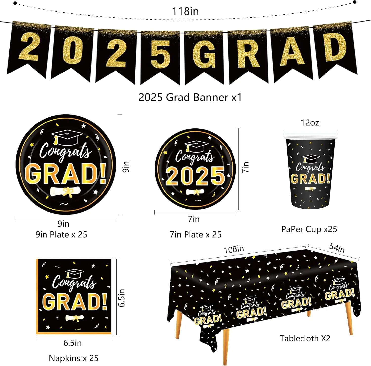 Graduation Decorations 2025 Disposable Black Graduation Tableware Kit for 25 Guests Plates Napkins Cups Tablecloth Hanging Graduation Party Decorations 2025
