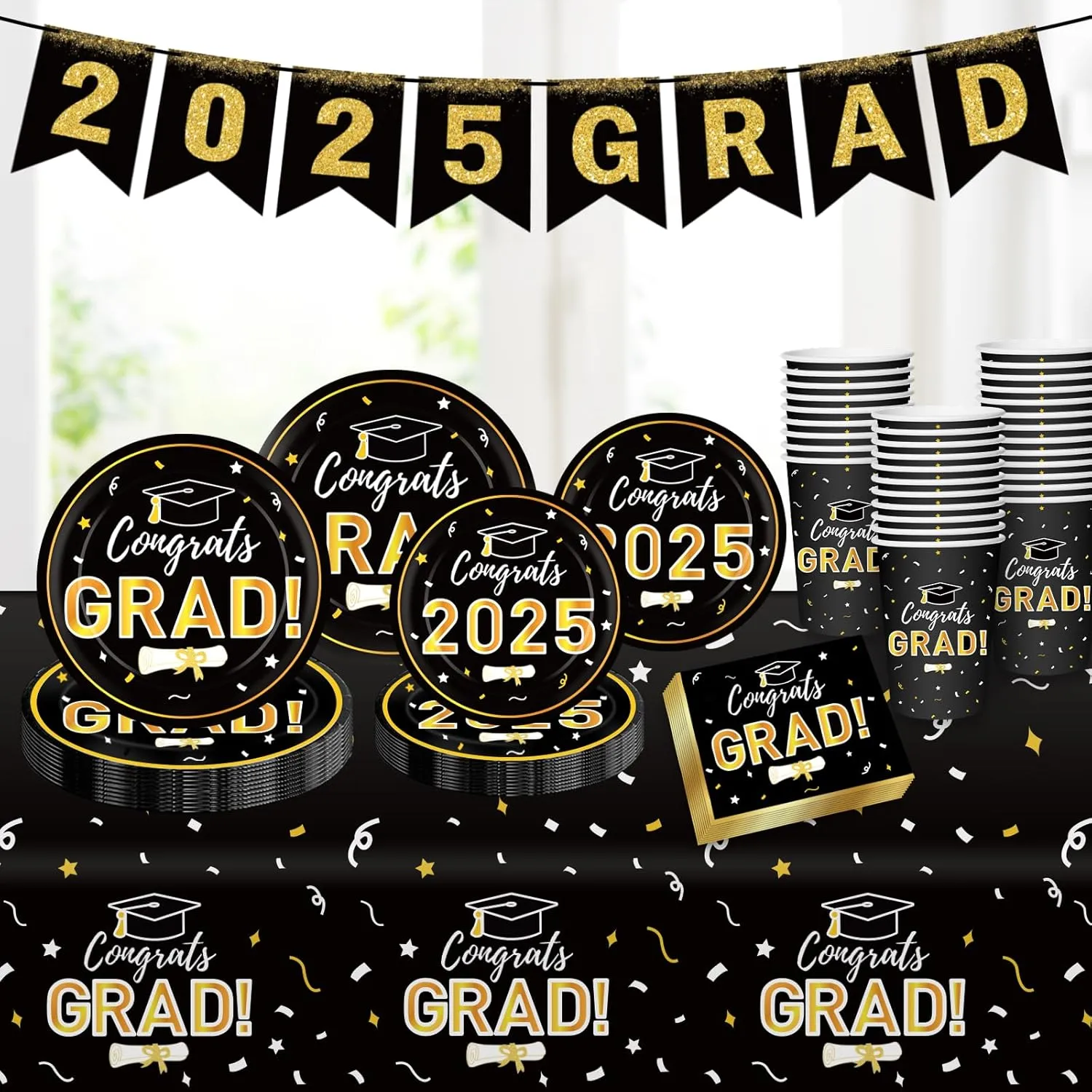 Graduation Decorations 2025 Disposable Black Graduation Tableware Kit for 25 Guests Plates Napkins Cups Tablecloth Hanging Graduation Party Decorations 2025