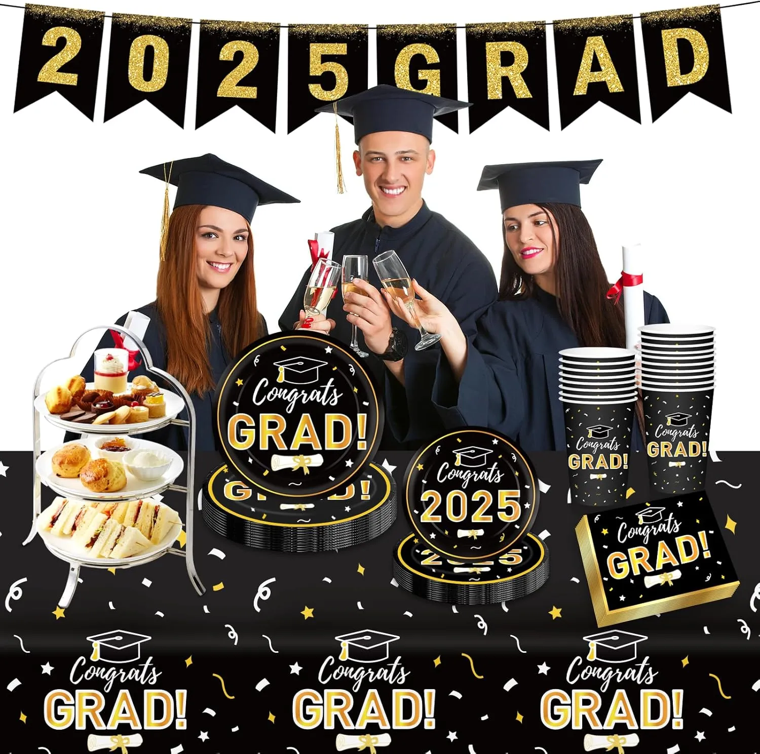 Graduation Decorations 2025 Disposable Black Graduation Tableware Kit for 25 Guests Plates Napkins Cups Tablecloth Hanging Graduation Party Decorations 2025