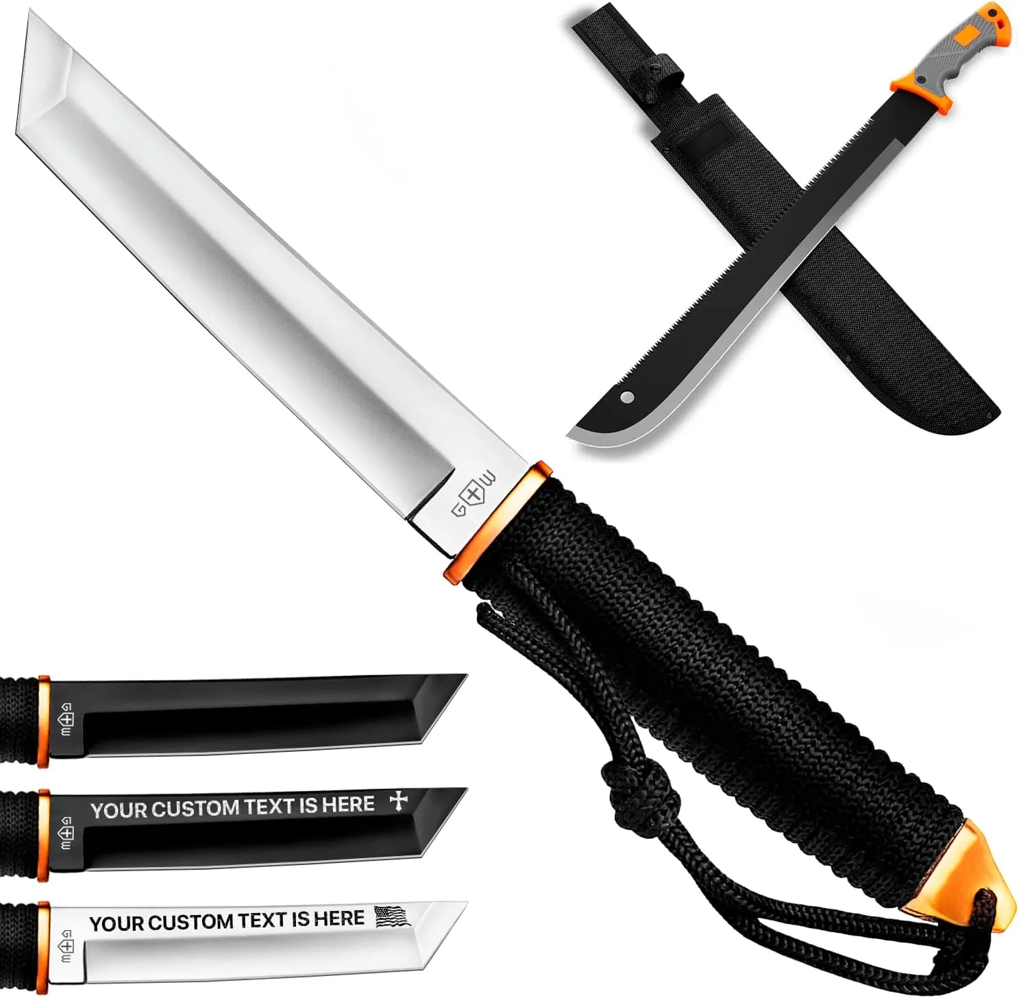 Grand Way Tanto Camping Knife with Sheath – 3  Colors – 5,9" Fixed Full Tang Mirror Polished Blade – Machete with Saw – 25” Heavy Duty Tool & Sheath – Ergonomic No-Slip Handle – Survival Knife