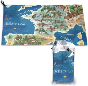 Greece Map Printing Camping Towel Lightweight Absorbent Microfiber Quick Dry Towel for Travel Pool Beach Hiking Yoga, 31.5x16 Inch