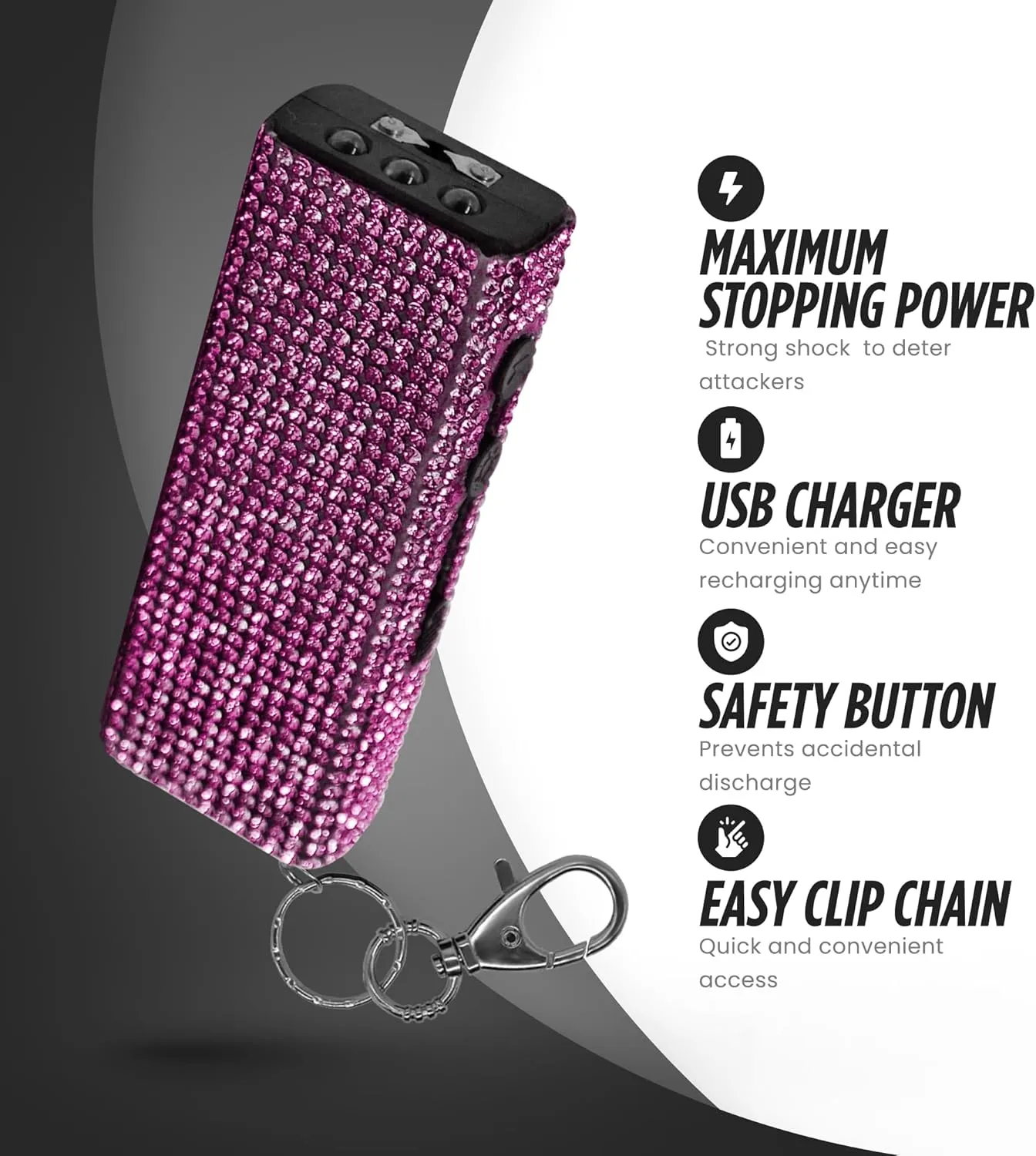 Guard Dog Security Bling It On Stun Gun and Pepper Spray for Self Defense, Fashionable Self-Defense Keychain Set for Women, Glow-in-The-Dark Actuator, 16-Ft Range, USB Rechargeable