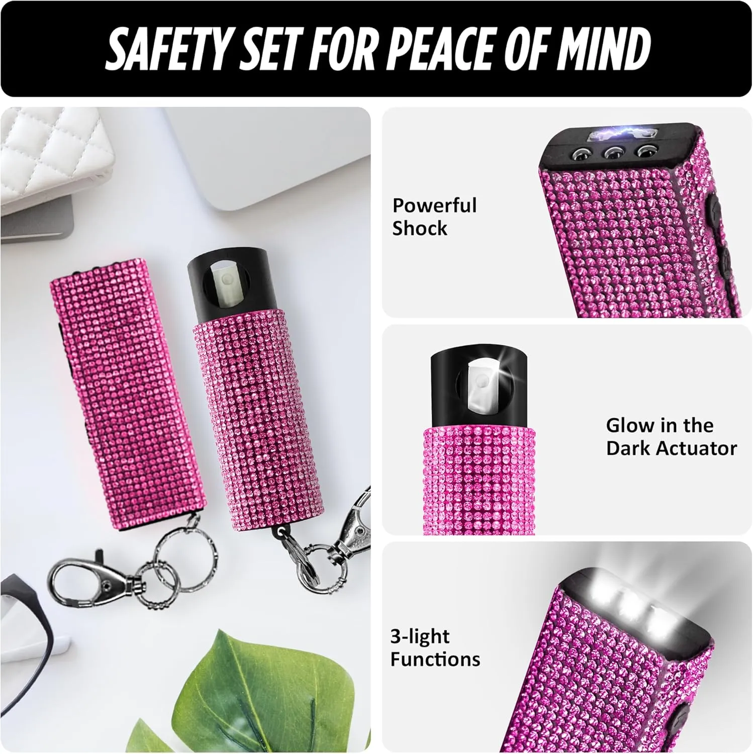 Guard Dog Security Bling It On Stun Gun and Pepper Spray for Self Defense, Fashionable Self-Defense Keychain Set for Women, Glow-in-The-Dark Actuator, 16-Ft Range, USB Rechargeable