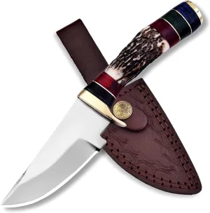 Handmade Damascus Mini Steel Stag Antler Knife - 4 Inch Razor-Sharp Blade, Fire Forged, Multi-Color Handle, Leather Sheath Gift for Hunter Camping Made In USA Youth Knife (Steel Blade)