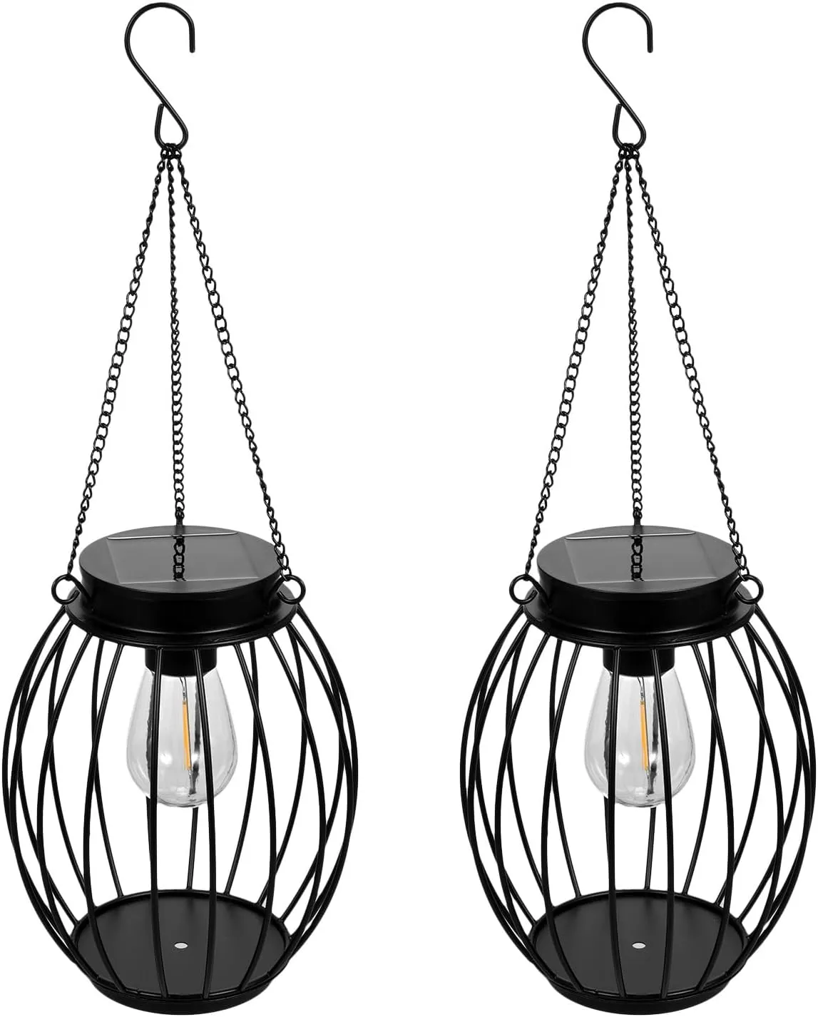Hanging Solar Lanterns,2 Pack Hanging Solar Lanterns Metal Outdoor Waterproof Hanging Warm White Solar Lights with Tungsten Light Bulb for Outside Decorative Tree Lights Solar Lanterns for Gard