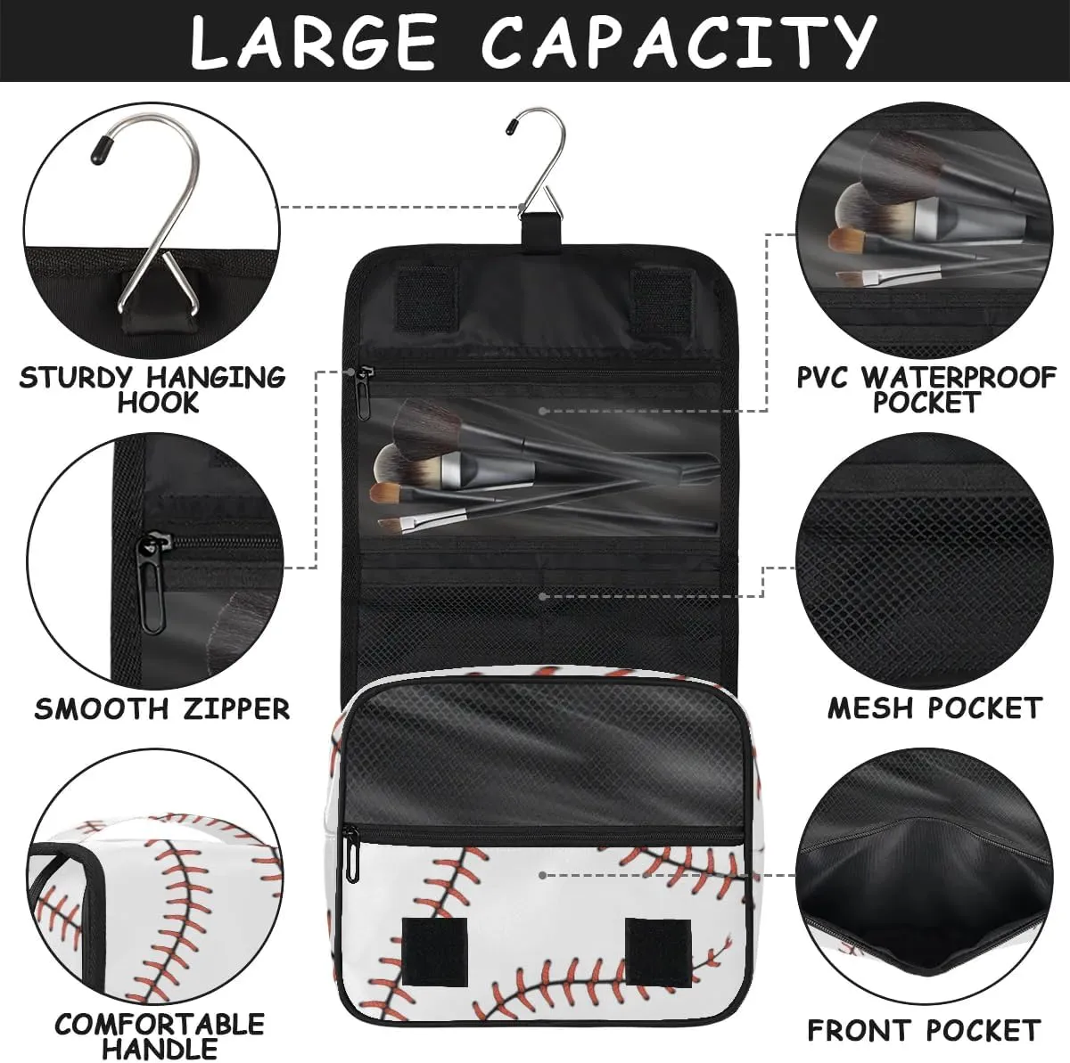 Hanging Travel Toiletry Bag for Kids, Women Cosmetic Organizer Makeup Bag Pouch Men Shaving Dopp Kit Shower Bag With Sturdy Hook(Baseball)