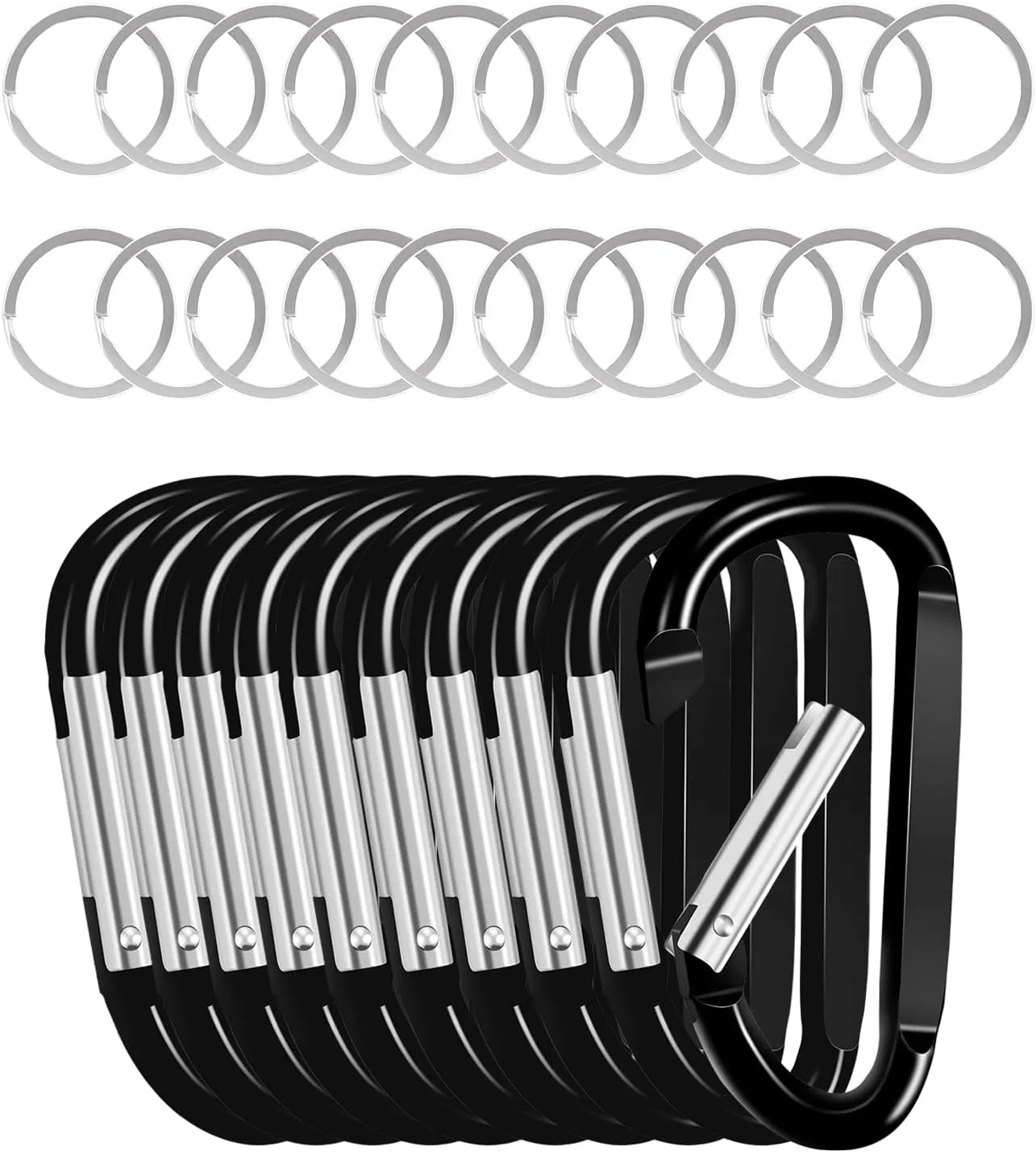 Happybuy 10 PCS Black Carabiner with 20 PCS Keyrings, 3.07" Aluminum Alloy D Ring Shape for Camping, Hiking, Backpacking