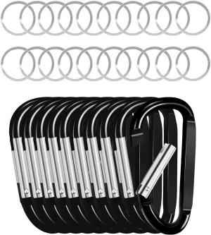 Happybuy 10 PCS Black Carabiner with 20 PCS Keyrings, 3.07" Aluminum Alloy D Ring Shape for Camping, Hiking, Backpacking