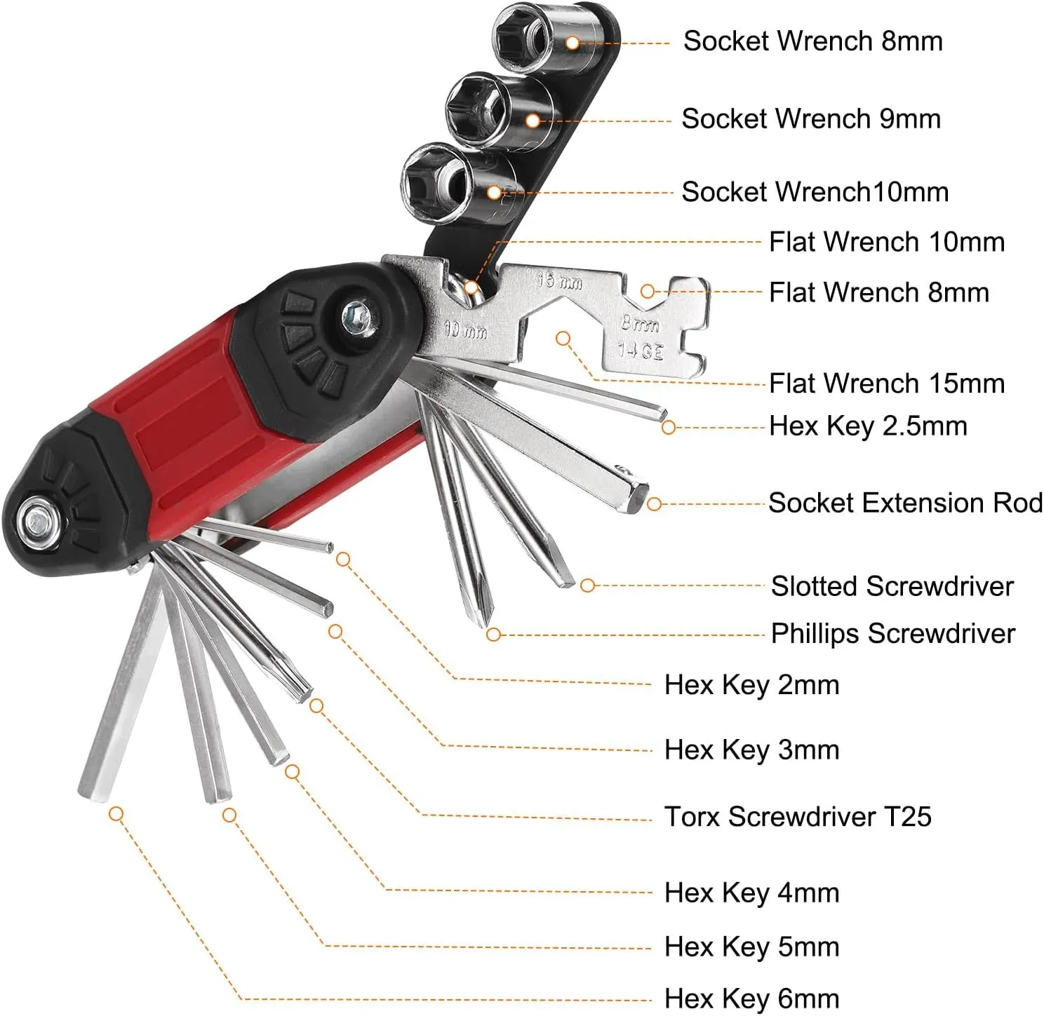 HARFINGTON 2pcs Bike Repair Multitool, 16 in 1 Multi-Function Portable Bicycle Mechanic Repair Set, Carbon Steel, Red