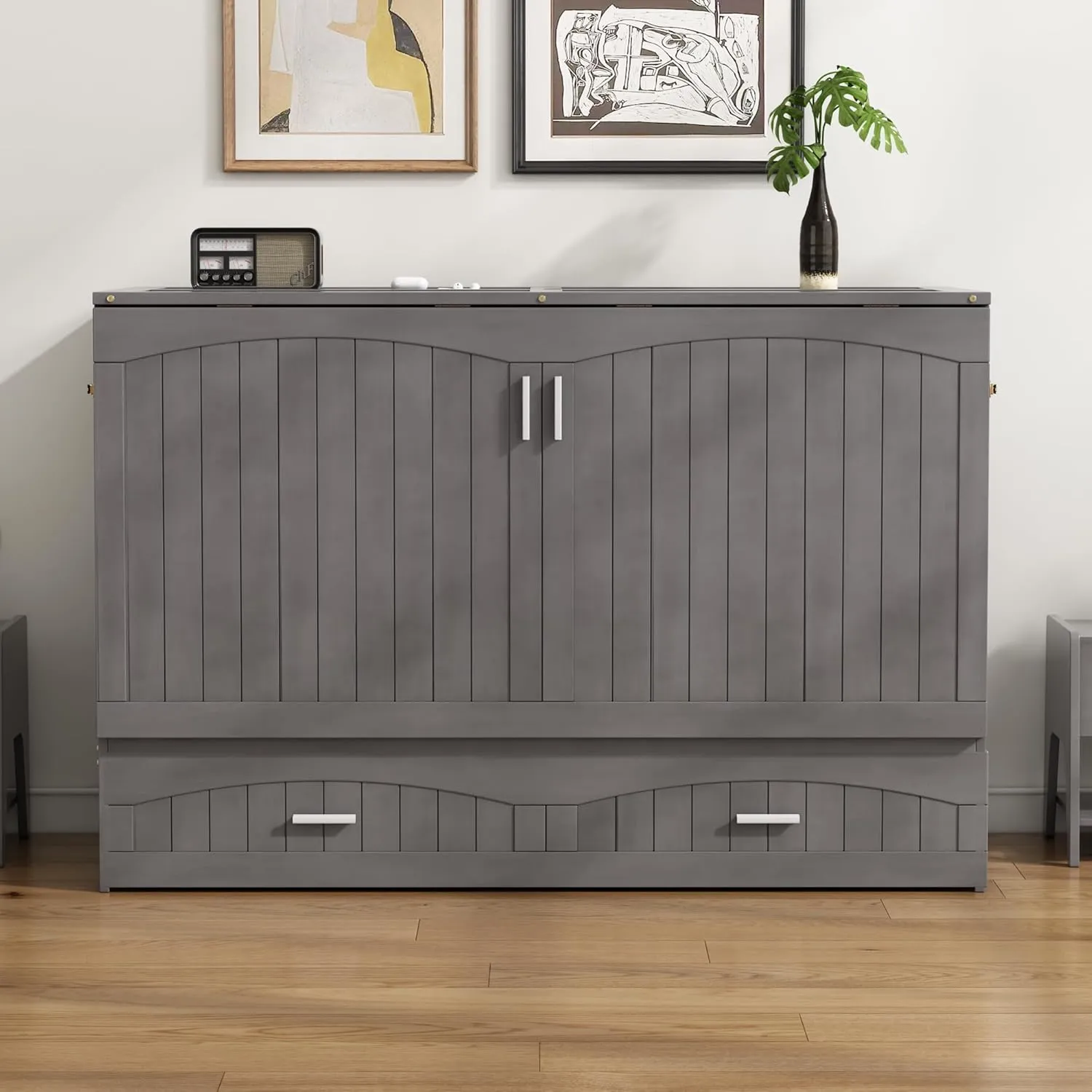 Harper & Bright Designs Queen Size Murphy Bed Cabinet with Storage Drawer, Solid Pine Wall Bed Frame with Charging Station, Modern Platform Bed Cabinet for Guest Room Home Office, Antique Gray