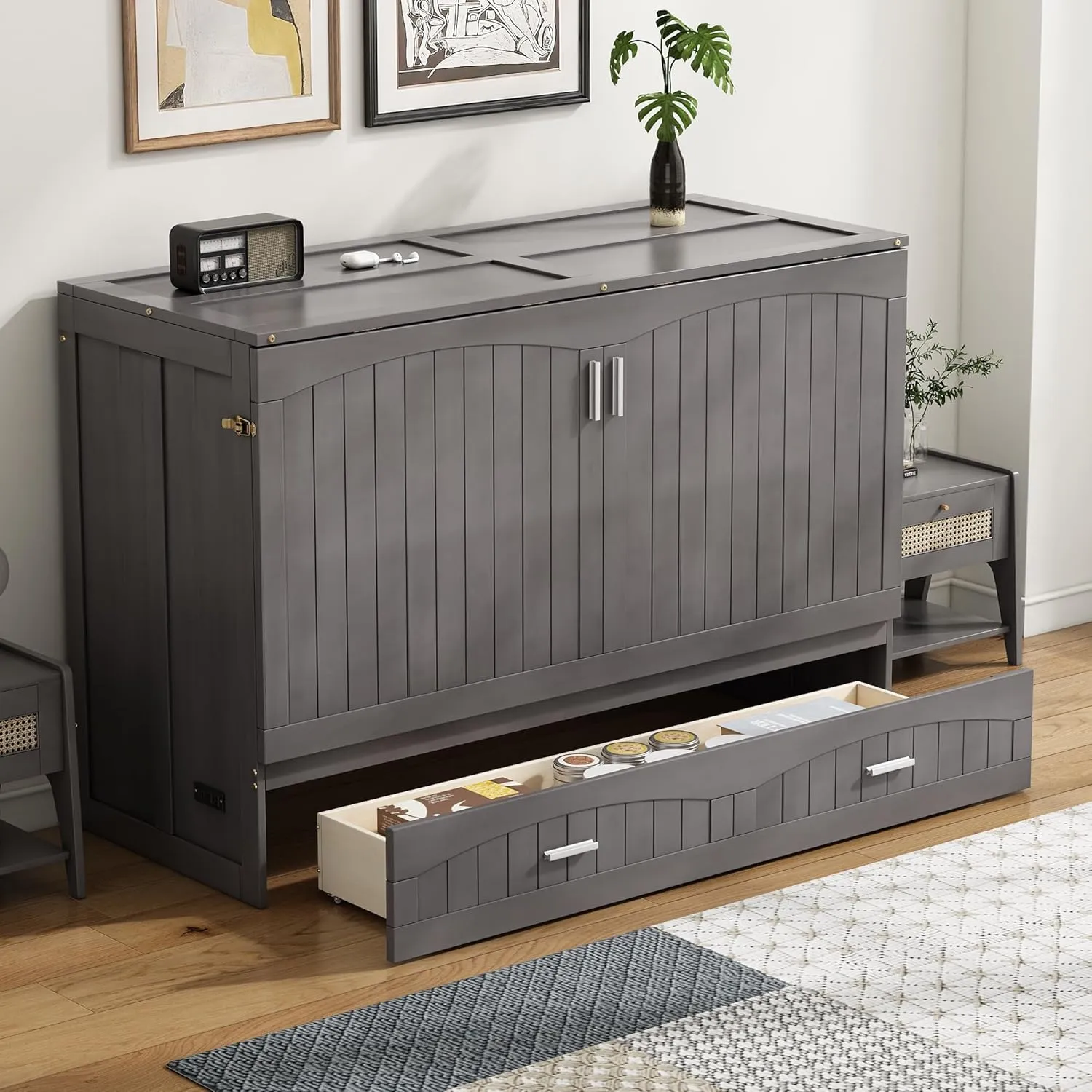 Harper & Bright Designs Queen Size Murphy Bed Cabinet with Storage Drawer, Solid Pine Wall Bed Frame with Charging Station, Modern Platform Bed Cabinet for Guest Room Home Office, Antique Gray