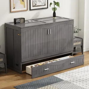 Harper & Bright Designs Queen Size Murphy Bed Cabinet with Storage Drawer, Solid Pine Wall Bed Frame with Charging Station, Modern Platform Bed Cabinet for Guest Room Home Office, Antique Gray