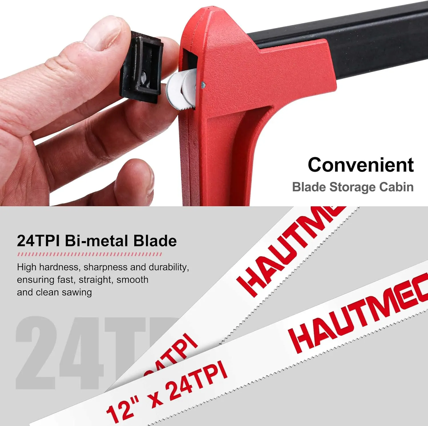 HAUTMEC 12 inch High-Tension Hacksaw With Blade Storage Heavy Duty Adjustable Hand Saw with 24 TPI Bi-Metal Hss Blade Professional Hack Saw For Metal, Steel Pipe, PVC, Wood Cutting