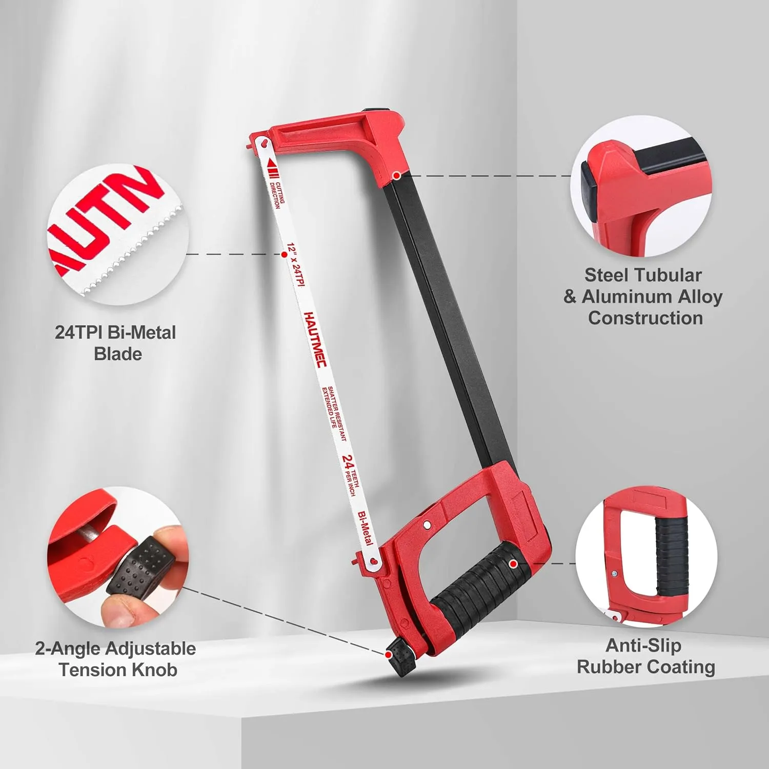 HAUTMEC 12 inch High-Tension Hacksaw With Blade Storage Heavy Duty Adjustable Hand Saw with 24 TPI Bi-Metal Hss Blade Professional Hack Saw For Metal, Steel Pipe, PVC, Wood Cutting