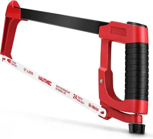 HAUTMEC 12 inch High-Tension Hacksaw With Blade Storage Heavy Duty Adjustable Hand Saw with 24 TPI Bi-Metal Hss Blade Professional Hack Saw For Metal, Steel Pipe, PVC, Wood Cutting