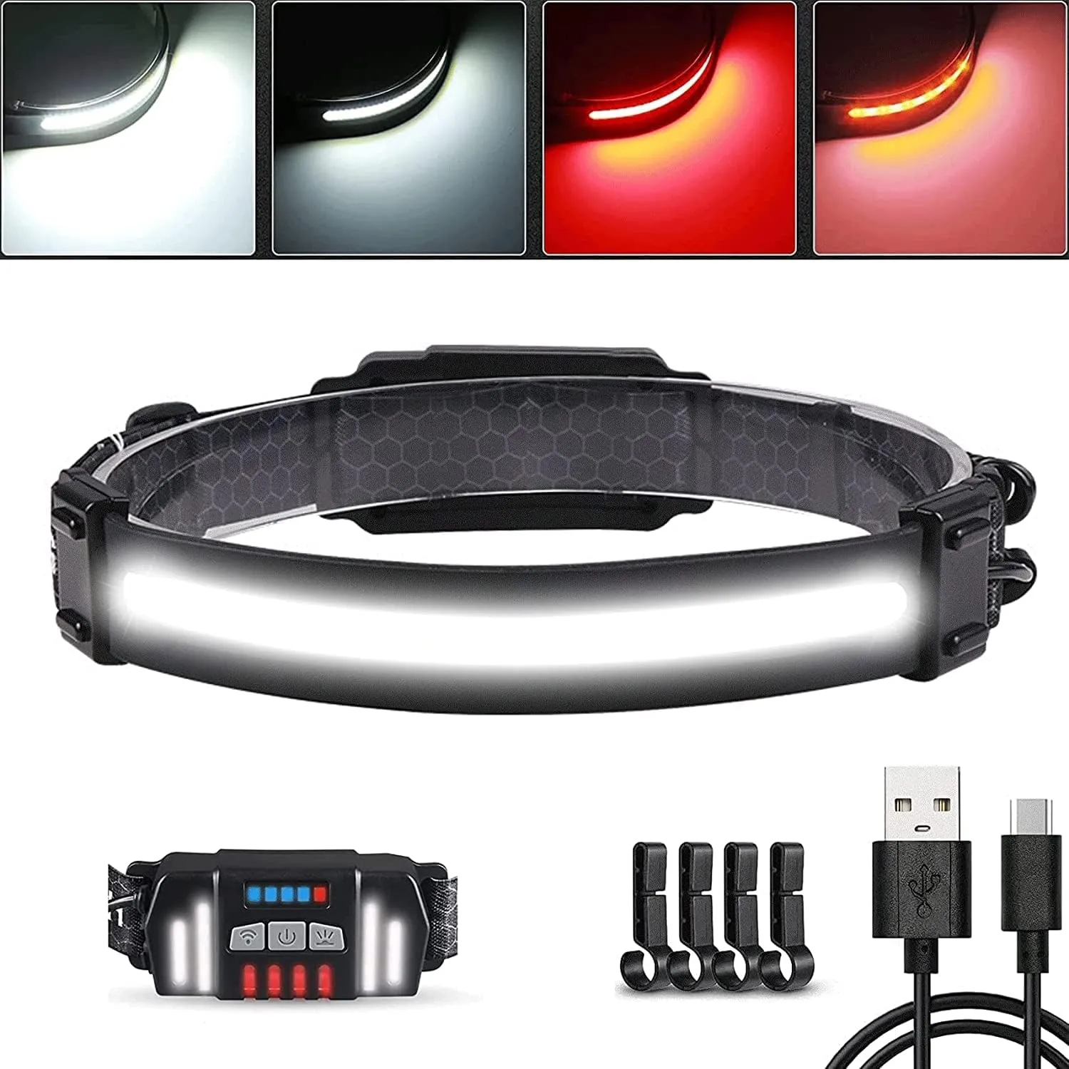 Headlamp Rechargeable, 230° Wide Beam Bright Headlamp, 2.4oz Lightweight Adjustable Waterproof Headlamps, Strip Cob Headlamp for Adults, for Camping Running Emergency