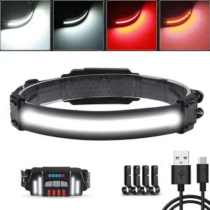 Headlamp Rechargeable, 230° Wide Beam Bright Headlamp, 2.4oz Lightweight Adjustable Waterproof Headlamps, Strip Cob Headlamp for Adults, for Camping Running Emergency