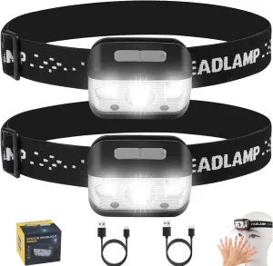 Headlamp Rechargeable, Super Bright LED Head Lamp with 5 Modes, Waterproof Outdoors Headlight Flashlight, Adjustable headlamps for Adults and Kids,Cycling,Running,Fishing,Hiking（2Pack）