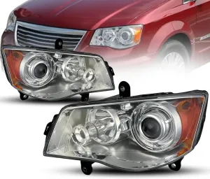 Headlight Assembly Replacement For Chrysler Town & Country 2008-2016 Left & Right Sides HID, without HID Kits and Bulb, with Halogen High Beam Bulb 5113334AD, 5113335AD / CH2519126, CH2518126 DOT/SAE