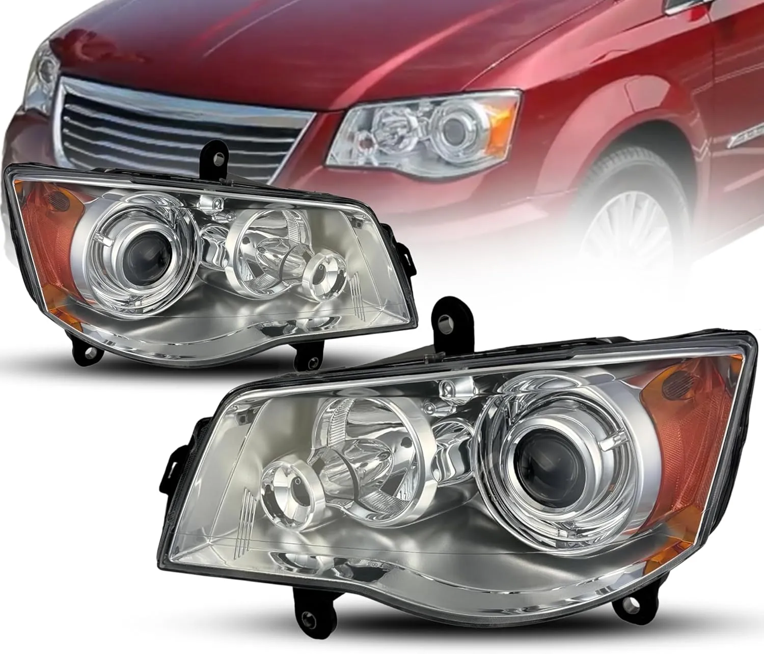 Headlight Assembly Replacement For Chrysler Town & Country 2008-2016 Left & Right Sides HID, without HID Kits and Bulb, with Halogen High Beam Bulb 5113334AD, 5113335AD / CH2519126, CH2518126 DOT/SAE