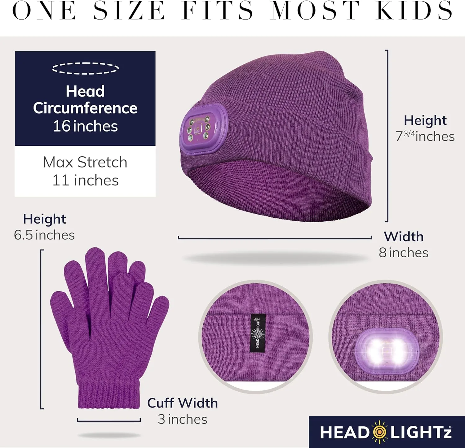 Headlightz by Roq Innovation - Kids Beanie with Light & Glove Set - Unisex LED Beanie Hat with Light Built in, Rechargeable