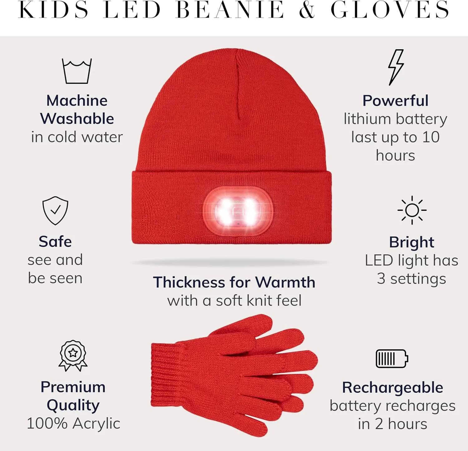 Headlightz by Roq Innovation - Kids Beanie with Light & Glove Set - Unisex LED Beanie Hat with Light Built in, Rechargeable