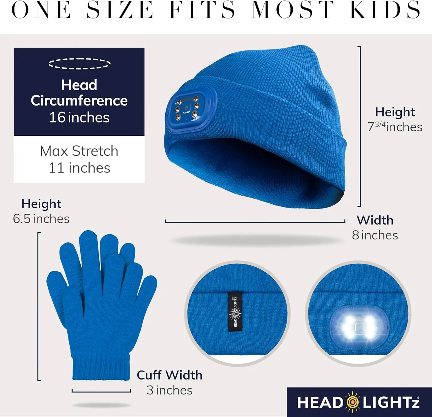 Headlightz by Roq Innovation - Kids Beanie with Light & Glove Set - Unisex LED Beanie Hat with Light Built in, Rechargeable